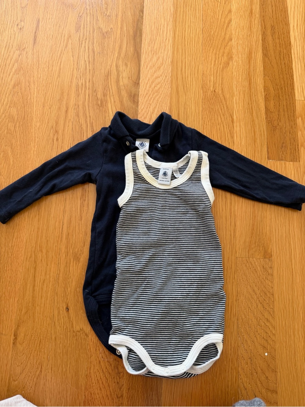 Petit Bateau Navy Long-Sleeve One-Piece with White & Navy Striped Tank Bodysuit